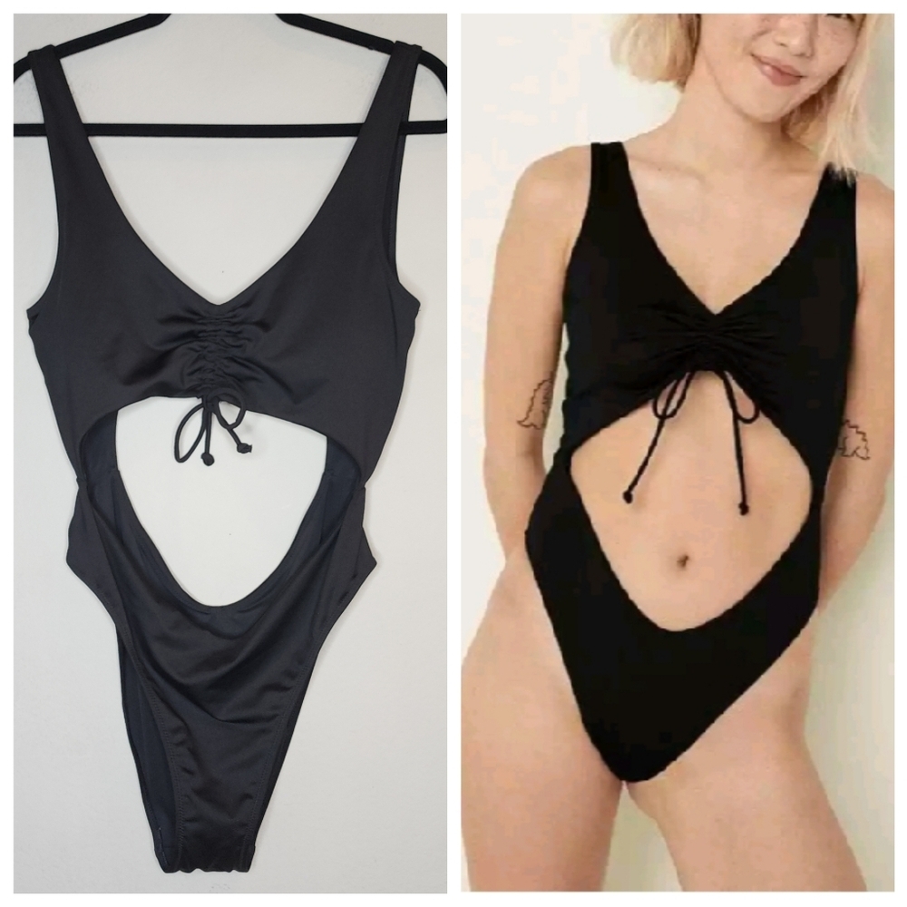 PINK Victoria's Secret Ruched Front Cutout One Piece‎ Swimsuit Black XL New